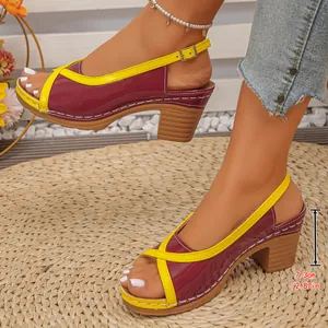 Detail view of color-block Roman sandals featuring a stable 7.3cm chunky mid-heel