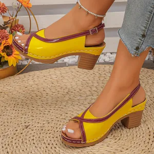 Women's elegant colorblock block heel sandals with hollow Roman style strap design