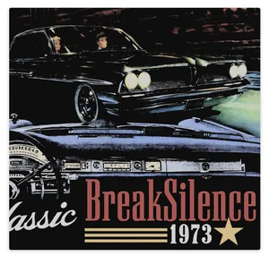 Detailed view of the retro American graphic print featuring a classic car and Break Silence text