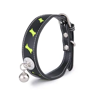Reflective pet collar for dogs and cats with bone cutouts and bell attachment