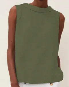 Detail of olive green cotton linen sleeveless top with elegant boat neck design