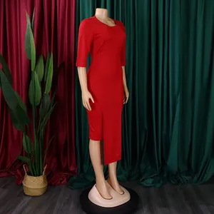 Side view of an elegant red OL bodycon dress with asymmetrical hem on mannequin