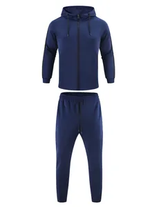 Navy blue 2-piece men's sports tracksuit set with hooded jacket and sweatpants