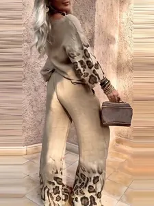 Fashionable women's casual loose top and wide-leg pants set with chic leopard accents