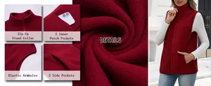 Detalle del chaleco de forro polar burdeos para mujer con cuello alto y varios bolsillos.