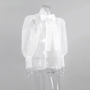 Detalle de blusa de malla blanca semitransparente con mangas abullonadas y lazo en el cuello