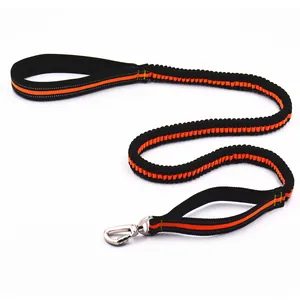 Detailed view of the shock-absorbing bungee dog leash with reflective stitching.