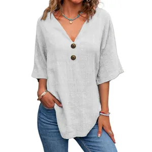 Elegante top casual da donna con scollo a V e maniche corte con bottoni decorativi