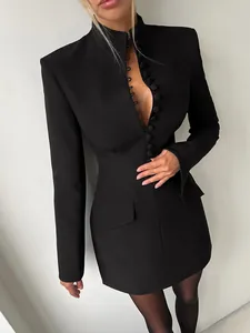 Elegant black slim-fit blazer dress with long sleeves, stand-up collar and buttons