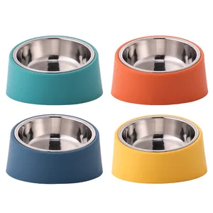 Tilted stainless steel pet bowls for dogs and cats with ergonomic neck protection design