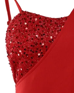 Close-up of shiny red sequins and fabric detail on elegant evening dress.
