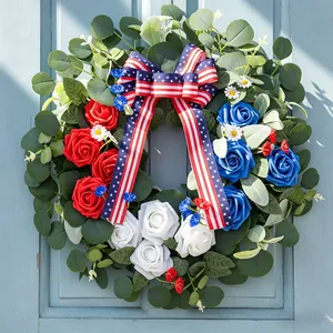 Independence Day wreath with red white blue roses and patriotic flag bow for front door