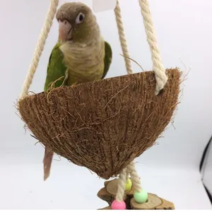 Natural handmade coconut shell parrot swing toy with chewable wooden slices and beads