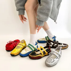 Women Techwear Ballet Mary Jane Shoes Flat Breathable Mesh Patchwork Sporty Casual Balletcore Sneakers Silver Red Yellow