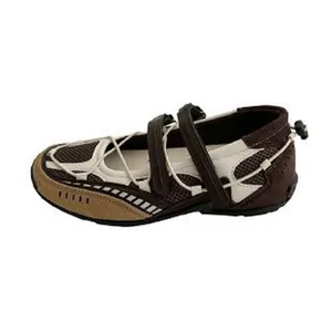 Side profile of brown mesh functional ballet flats with athletic straps and toggles