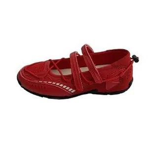 Detailed side view of a red functional Mary Jane ballet flat with mesh panels.