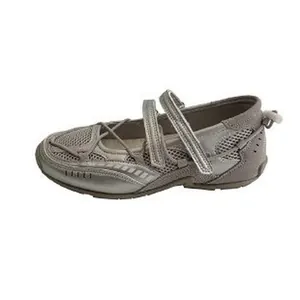 Silver athletic Mary Jane ballet flat sneakers with mesh panels and velcro straps