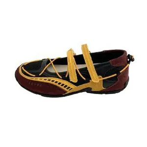 Side profile of a sporty burgundy Mary Jane shoe featuring yellow bungee laces and straps