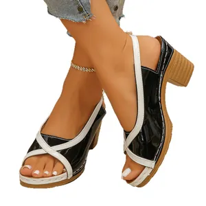 Women's elegant color-block block heel sandals with cross-strap design for summer outfits