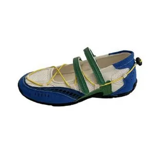 Side profile of functional Mary Jane flat shoes with mesh upper and green straps.
