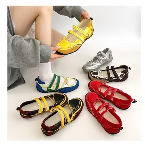 Detailed display of colorful functional sporty Mary Jane ballet flats in various colorways