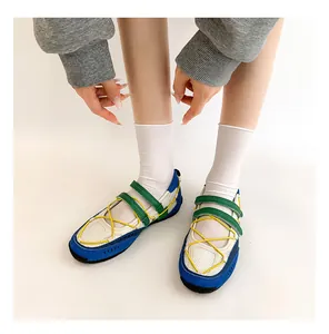On-feet view of multi-color functional tech ballet Mary Jane sneakers with mesh