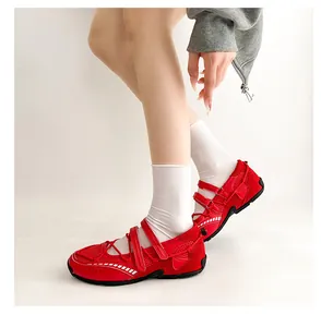 Side view of red functional sporty Mary Jane ballet flats with triple velcro straps