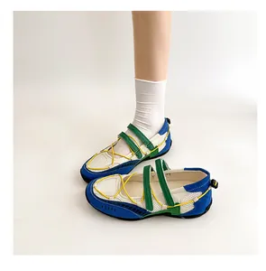 Casual functional Mary Jane ballet sneakers with blue and green mesh and suede detail