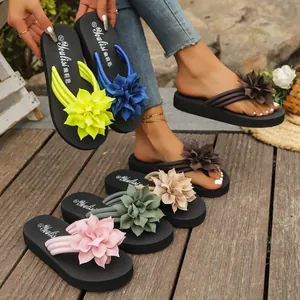 Chanclas de Verano para Mujer Talla Grande Flor de Tela 3D Suela Gruesa de EVA Sandalias de Playa Zapatillas Casuales