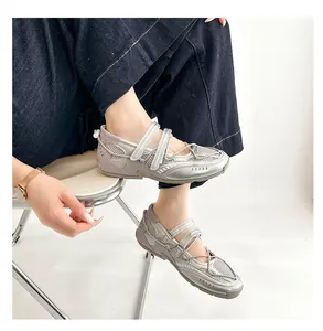 Stylish silver functional ballet flats featuring mesh detail and sporty Mary Jane straps.