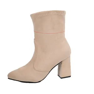 Elegante Damen-Stiefeletten aus Wildleder mit Blockabsatz und spitzer Kappe in Beige