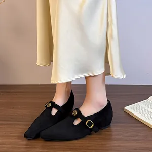 Primo piano di eleganti scarpe Mary Jane in camoscio nero con fibbia a rosa dorata