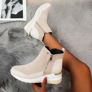 Stylish beige sporty ankle boots with side zipper and thick sole for women's winter fashion