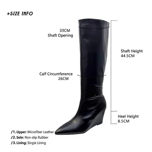 Measurement details for black pointed-toe knee-high wedge knight boots with 8.5cm heel