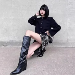 Women's black pointed toe wedge knight boots with slimming straight tube design