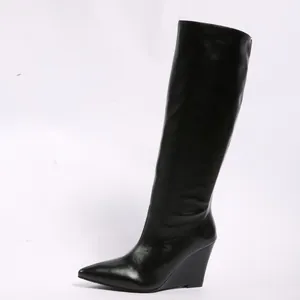 Elegant black pointed-toe knee-high wedge boots for women stylish fashion
