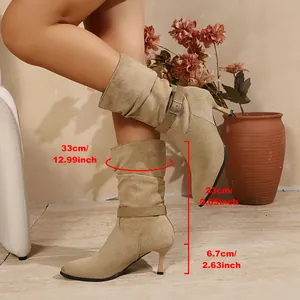 Visual guide showing dimensions of beige suede pointed-toe stiletto boots for women