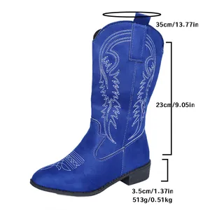 Mesures détaillées de la botte de cow-boy bleue avec dimensions du talon et de la tige