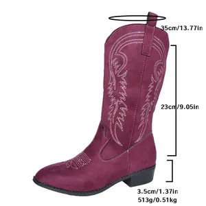 Dimensions détaillées des bottes de cow-boy brodées violettes pour femmes.