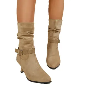 Elegant khaki suede slouchy ankle boots featuring pointed toe, kitten heel and buckle strap