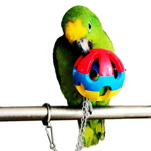 Detailed view of colorful parrot bell ball toy being chewed by a green parrot.