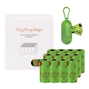 Biodegradable dog poop bag set including green rolls and capsule dispenser with box