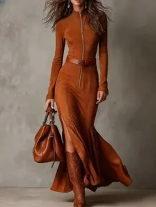 Elegant caramel brown long-sleeve zipper maxi dress with belt and deep side slit