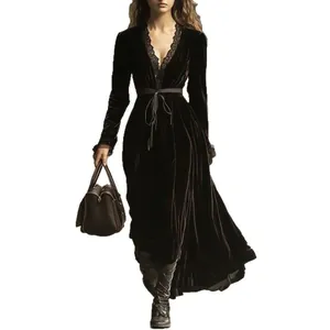 Elegant French vintage velvet long sleeve dress with lace deep V-neck and waist tie