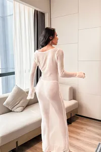 Detailed back view of a sexy white long sleeve sheer mesh beach cover-up dress for women