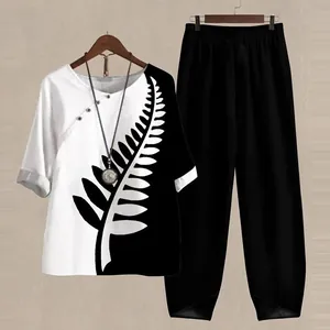 Femme Haut Et Bas Ensemble Deux Pièces Imprimé en Polyester Décontracté Motif de Feuilles Haut à Manches Demi Et Pantalon Long Large Style Élégant