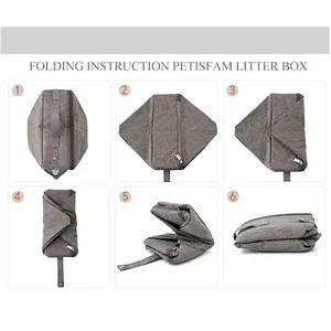 Instructions de pliage étape par étape pour un bac à litière de voyage gris en tissu Oxford.