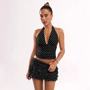 Sexy Polka Dot Print Halter Top And Ruffle Mini Skirt Set Women Summer Backless Top And Bottom Two Piece Outfits Vacation Wear