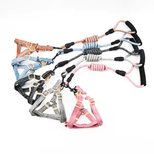 Durable Morandi colors linen round rope dog harness and leash set with comfortable foam handle