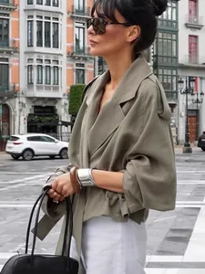 Elegant European style oversized lapel belted trench coat for women in olive green